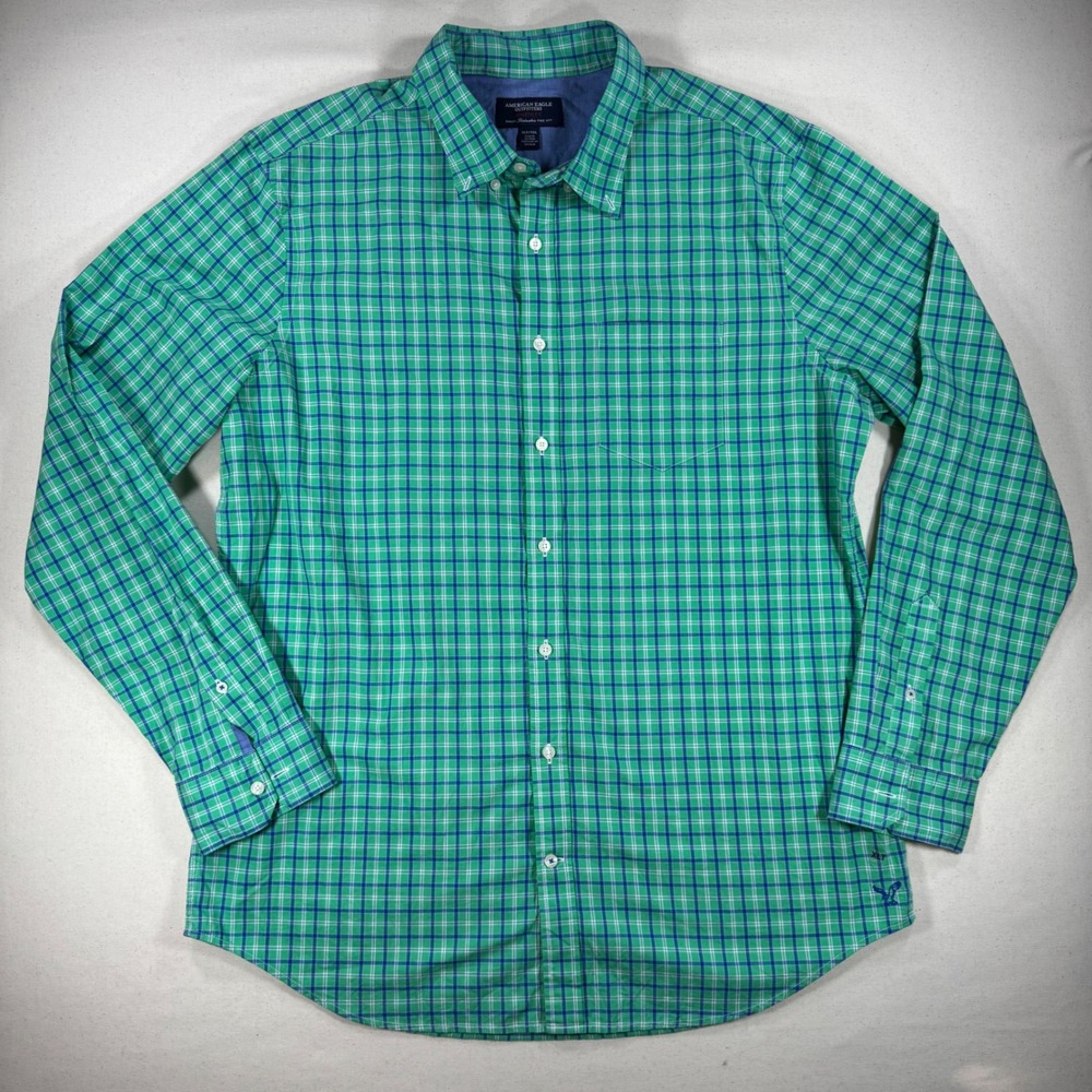 American Eagle Mens XL Tall Plaid Button Down Shirt Green Blue Cotton